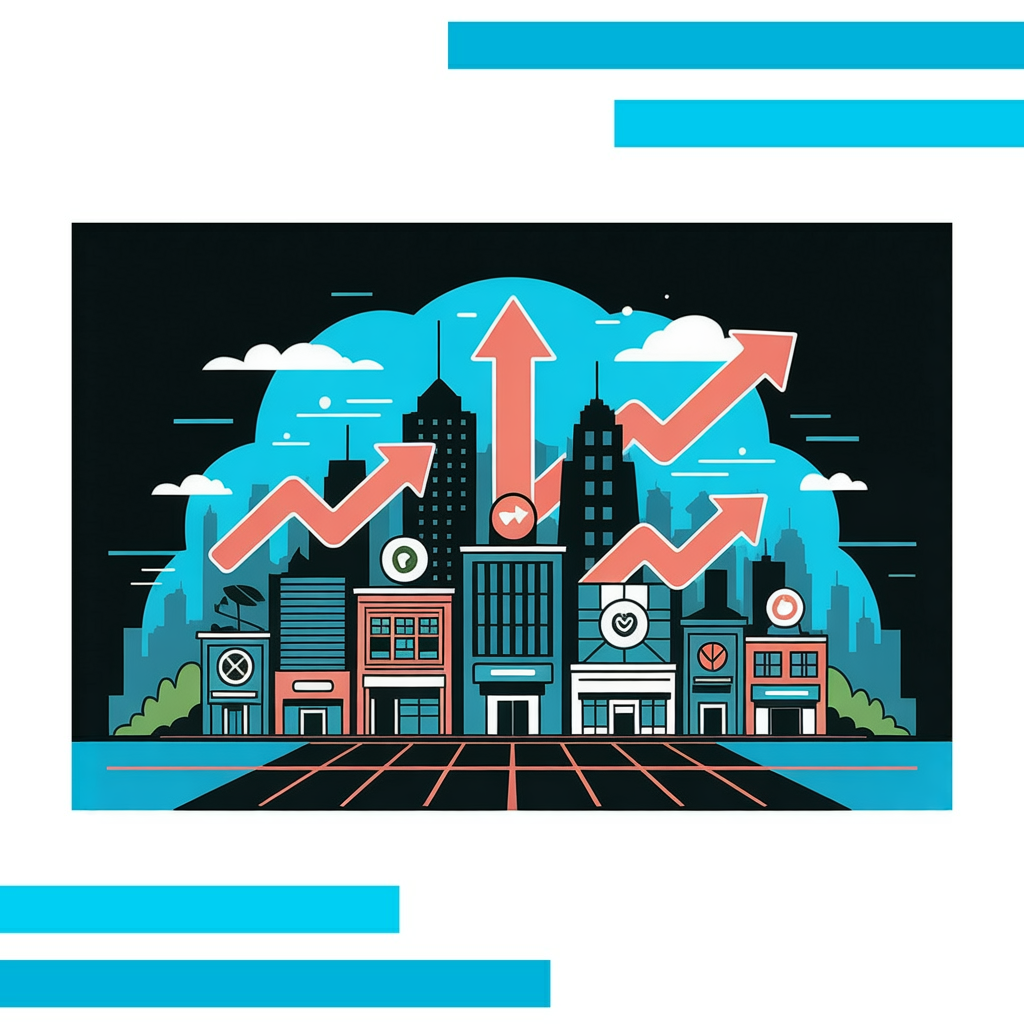 Vector illustration of a vibrant cityscape with thriving small businesses, symbolizing growth from the best SEO companies for small business.