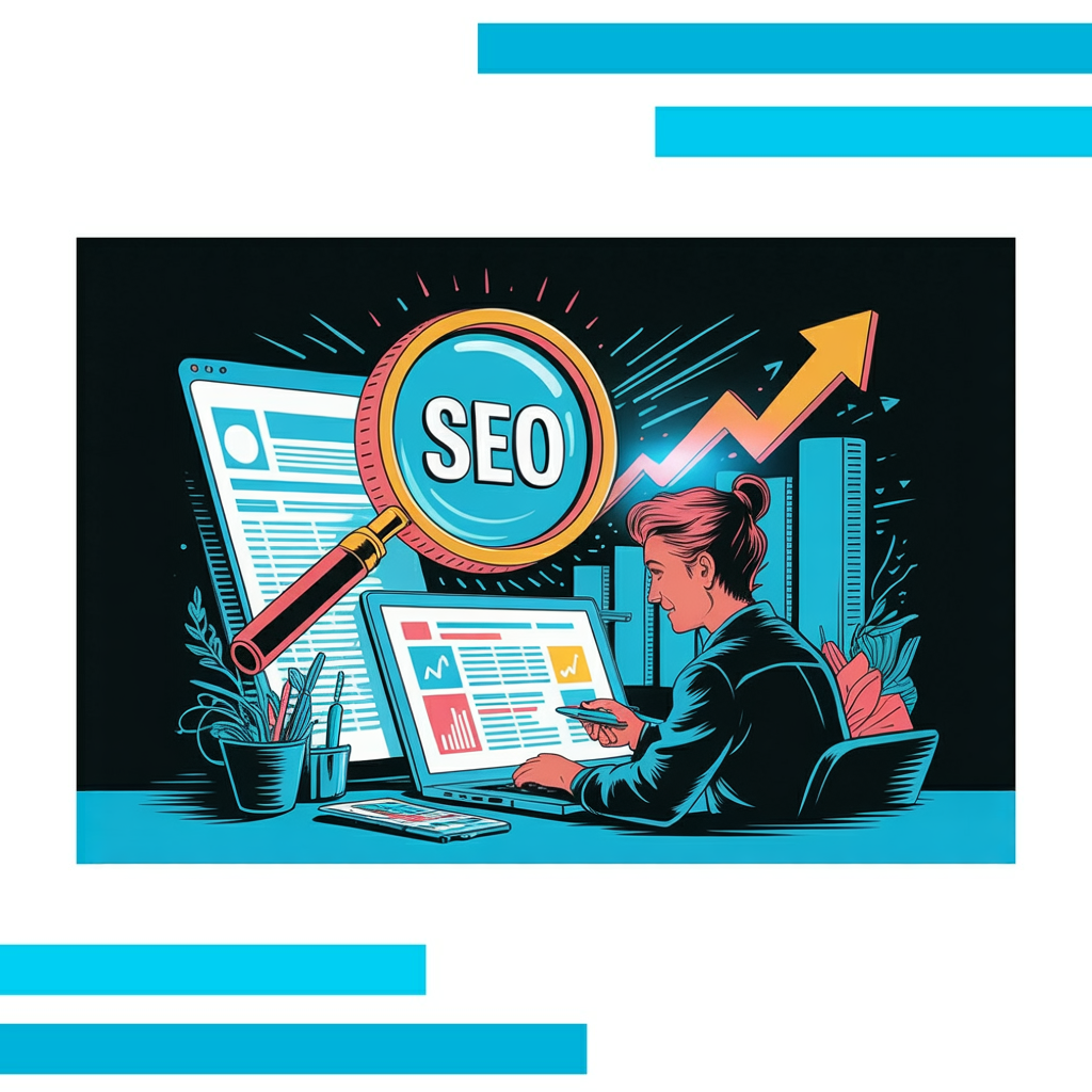 SEO copywriter working at a laptop in a vibrant workspace with SEO icons like magnifying glass and growth charts.