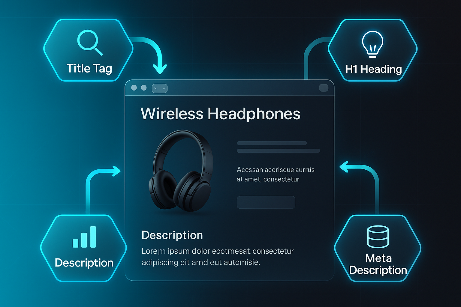 Sleek infographic for SEO copywriter showing a desktop mock-up with labeled Title Tag, H1 Heading, Description, and Meta Description.
