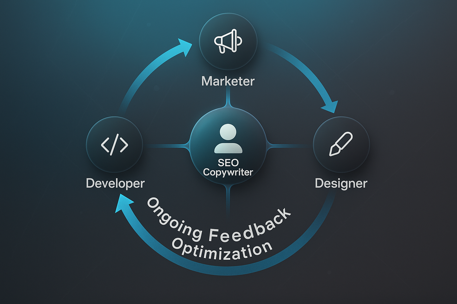Sleek infographic showing SEO copywriter at center, linked to marketer, designer, developer, with feedback optimization arrow.