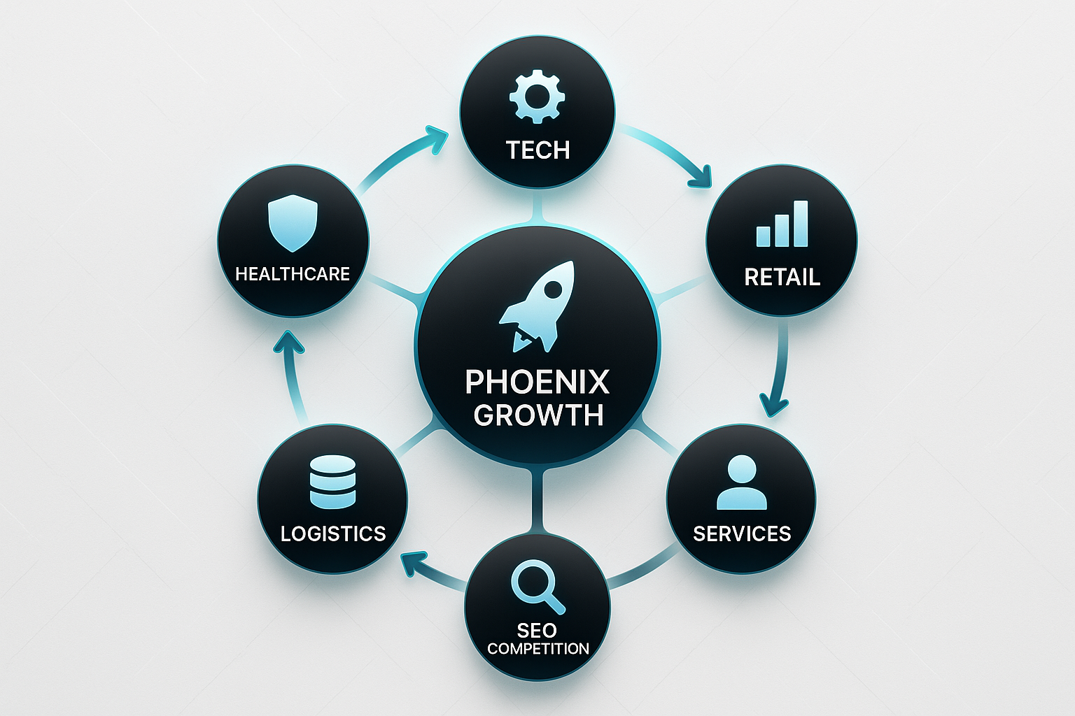Infographic showing Phoenix Growth at the center, industry nodes, and SEO Competition, for search engine optimization companies Phoenix.