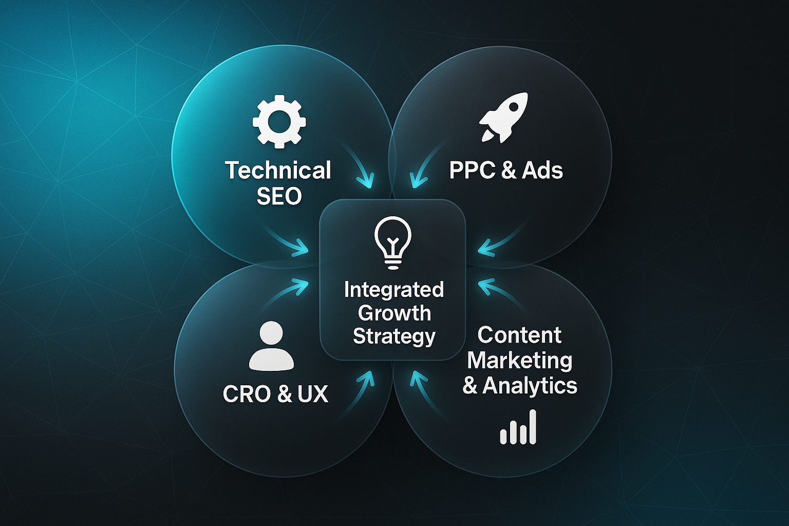 Sleek infographic showing search engine optimization companies Phoenix strategy with Venn diagram of SEO, PPC, CRO, and content marketing.