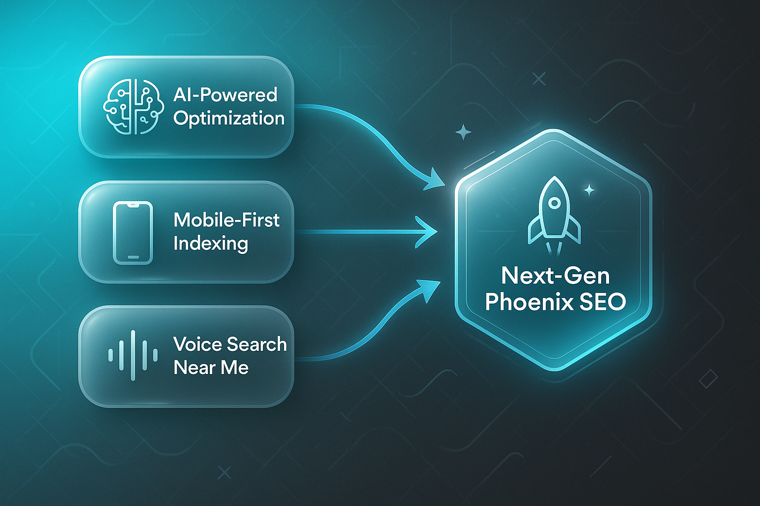 Modern infographic showing search engine optimization companies Phoenix concepts: AI-powered optimization, mobile-first indexing, voice search.