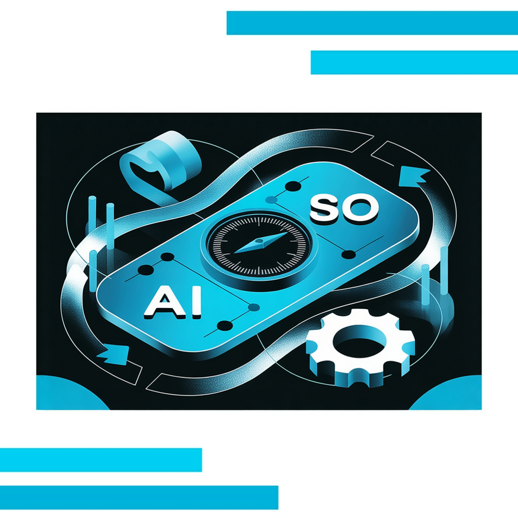 Futuristic interface with blue nodes, gears, and data streams illustrating how AI SEO tools scale agile solutions for businesses.