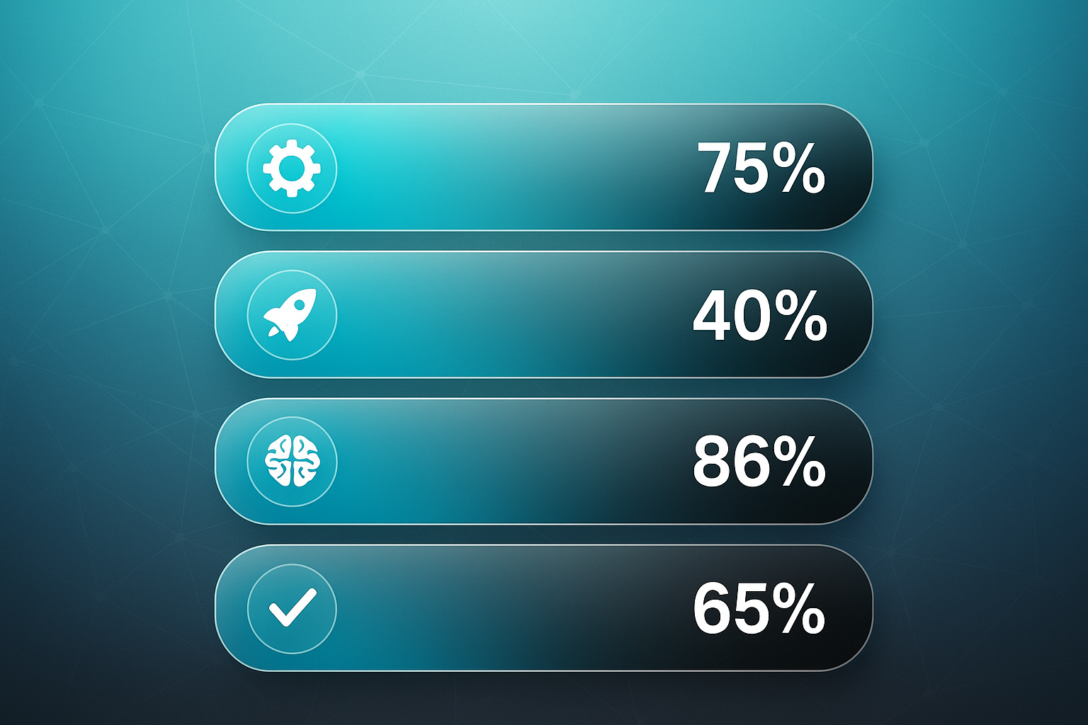 Glassmorphism grid showing four stacked bars with icons and percentages, representing AI SEO tools scale agile solutions.