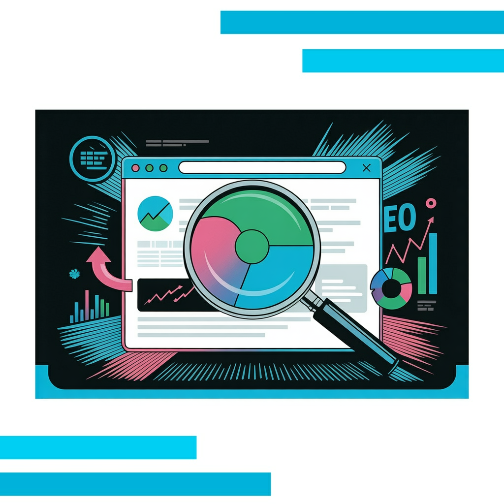 Vector illustration of a magnifying glass over a web browser window, highlighting MozBar extension features with SEO charts and graphs.