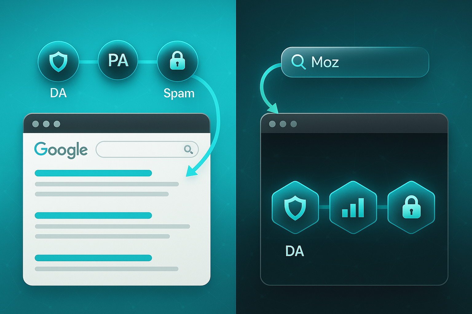 Two-panel browser mockup showing MozBar extension metrics DA, PA, and Spam on Google SERP and competitor site with modern SaaS design.