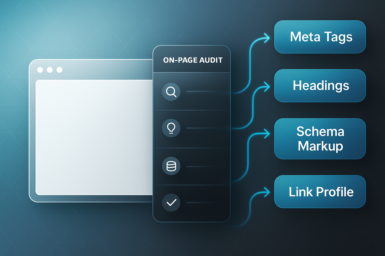 Modern infographic showing MozBar extension audit overview panel beside a browser window, with labeled sections for Meta Tags, Headings, Schema Markup, and Link Profile.