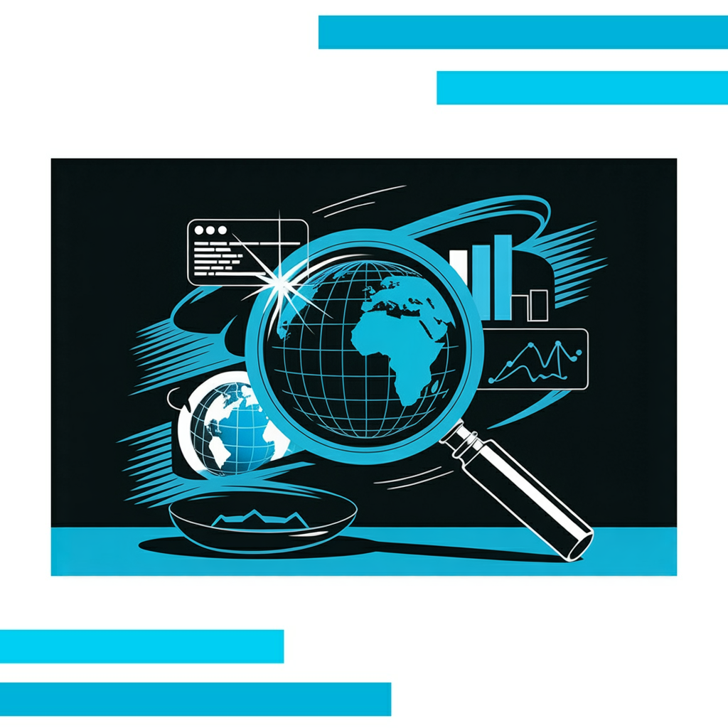 Magnifying glass highlighting graphs and globe, illustrating keyword research services and global data analysis.