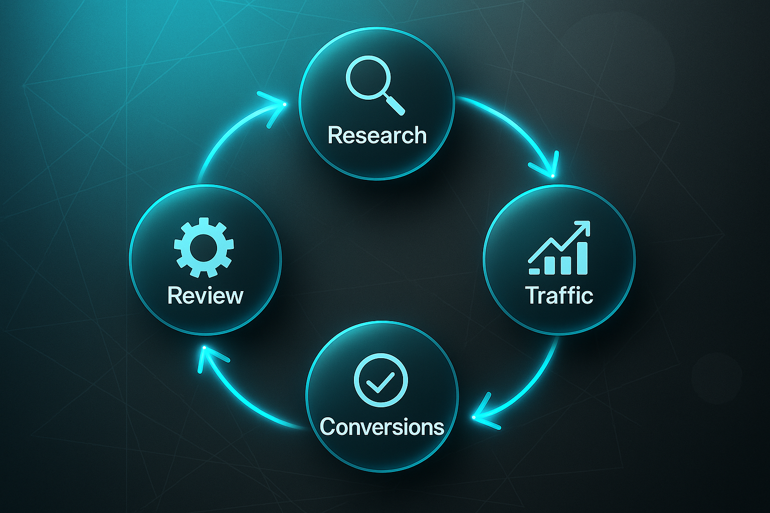 Infographic showing keyword research services cycle: Research, Traffic, Conversions, Review in circular tech nodes with icons.