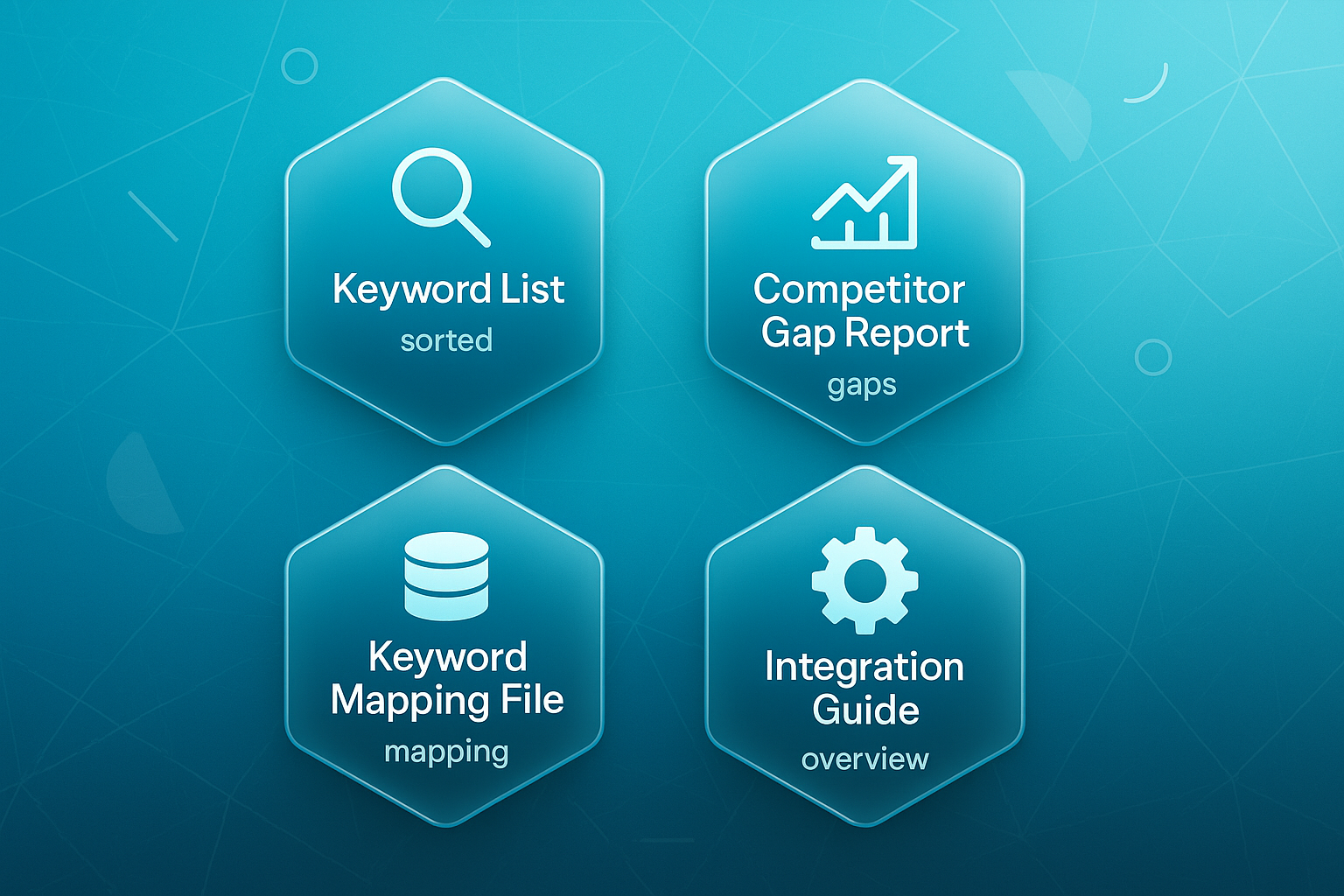 2x2 grid of hexagons on a gradient background, each showing keyword research services tools: Keyword List, Competitor Gap Report, Keyword Mapping File, and Integration Guide.