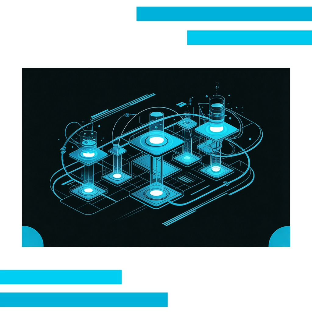 Nuron-inspired vector illustration of glowing blue nodes, circuitry, and gears symbolizing technology and innovation.