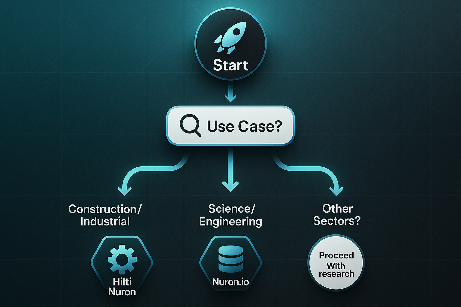 Vertical tech infographic showing a process flow from 'Start' to 'Use Case?' with paths to 'Hilti Nuron', 'Nuron.io', and 'Proceed with research'.