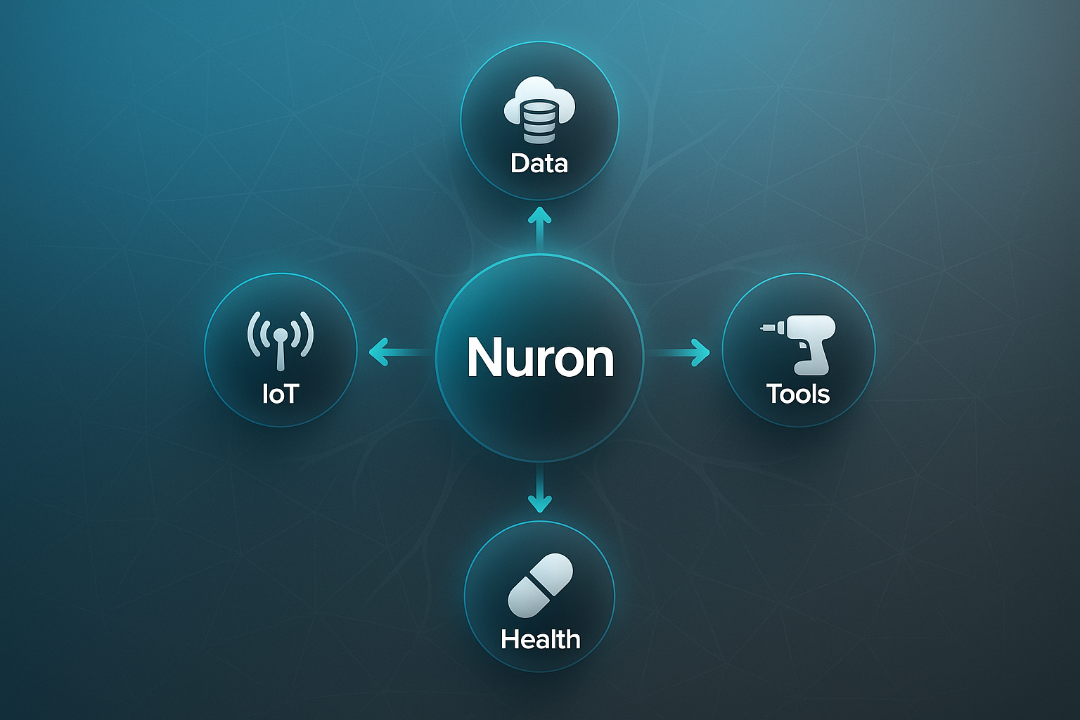 Nuron tech infographic with central Nuron node, connected to Data, Tools, Health, and IoT nodes in a circular layout.