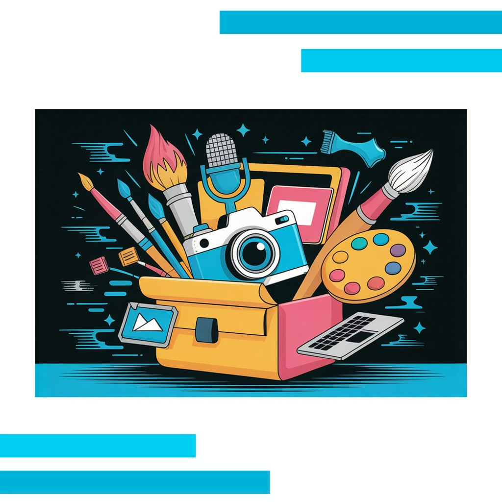 Vector illustration of content creation tools like a camera, microphone, laptop, and paintbrush with vibrant colors and motion effects.
