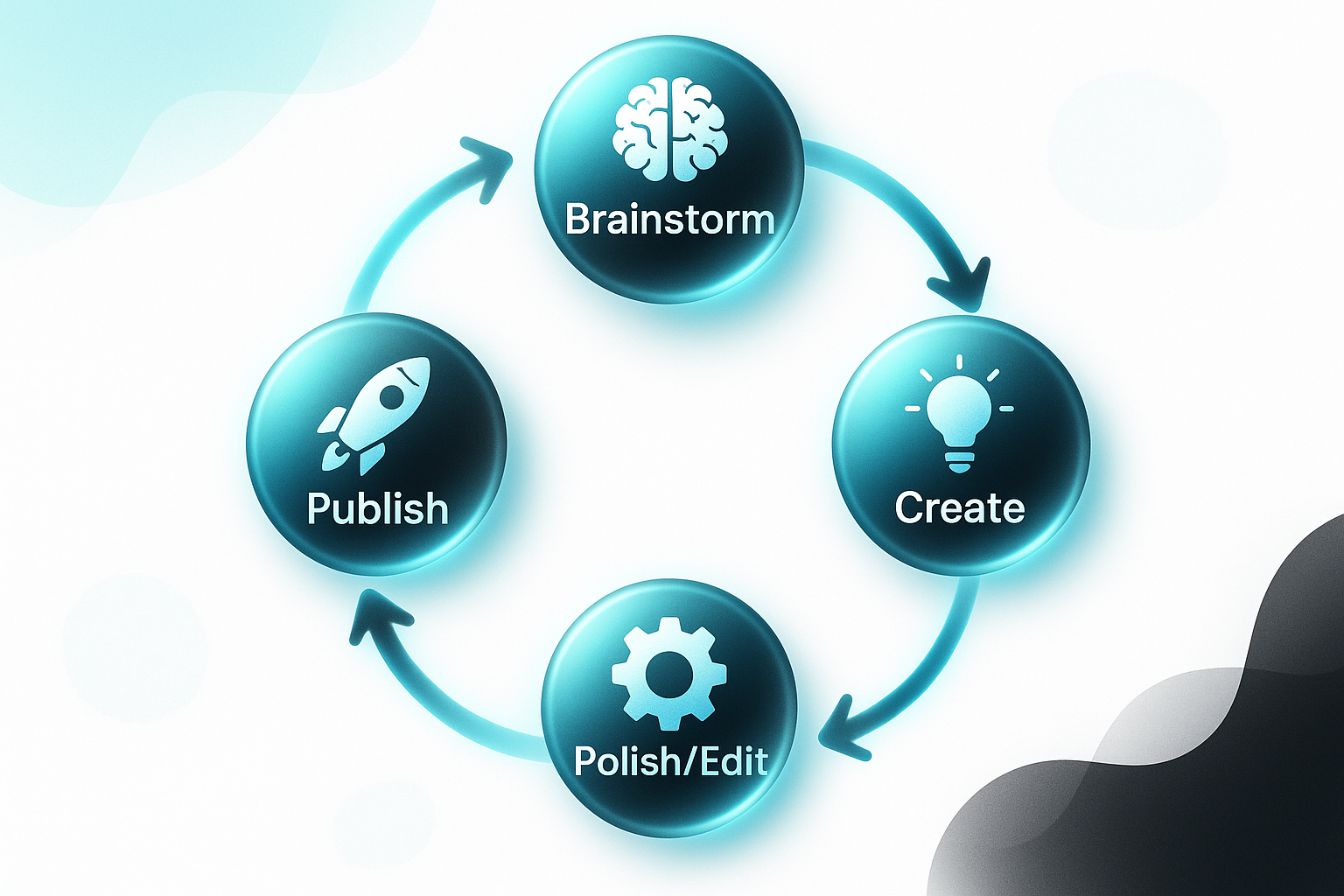 Circular diagram of content creation tools with nodes labeled Brainstorm, Create, Polish/Edit, and Publish, each with relevant icons.
