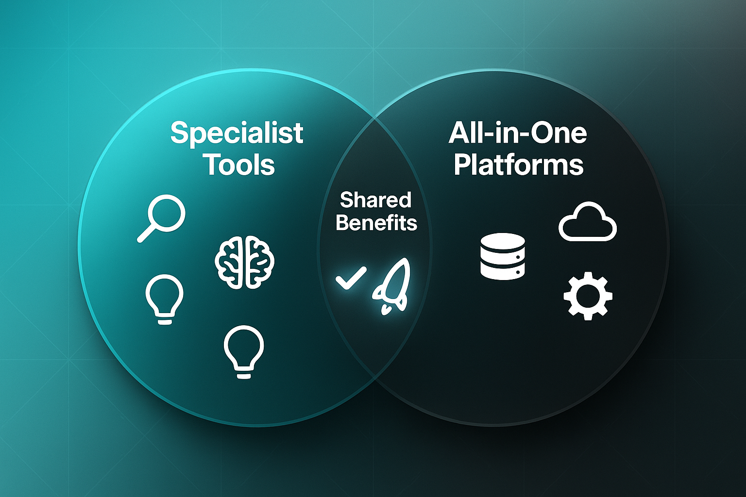 Infographic comparing content creation tools: two overlapping circles with icons and labels for specialist tools, all-in-one platforms, and shared benefits.