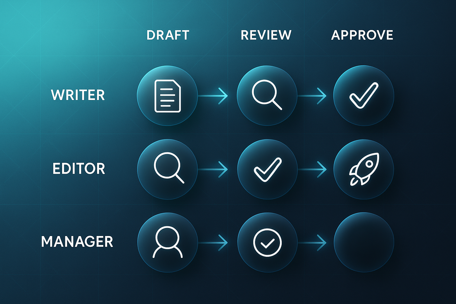 Infographic of content creation tools workflow showing Writer, Editor, Manager roles across Draft, Review, Approve, Publish stages.