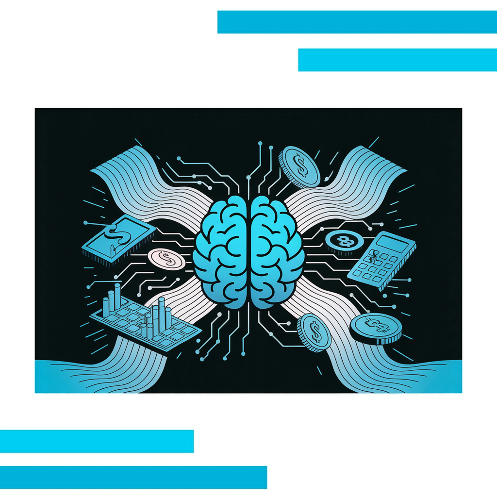 Vector illustration of an AI-powered digital brain with data streams transforming finance symbols, representing LLM suite innovation.