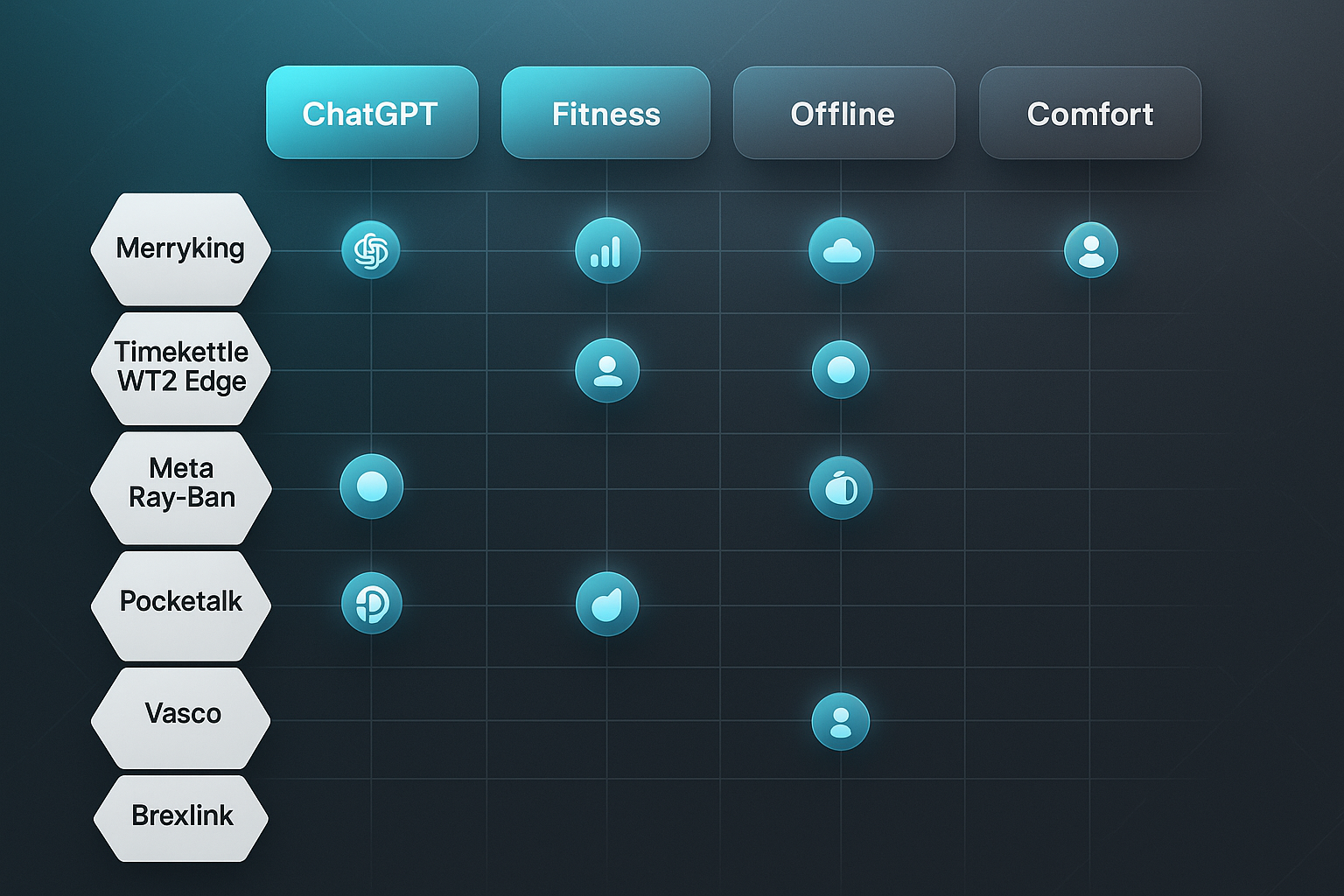 Modern corporate comparison matrix showing Merryking AI ChatGPT features with icons in a grid against other brands.