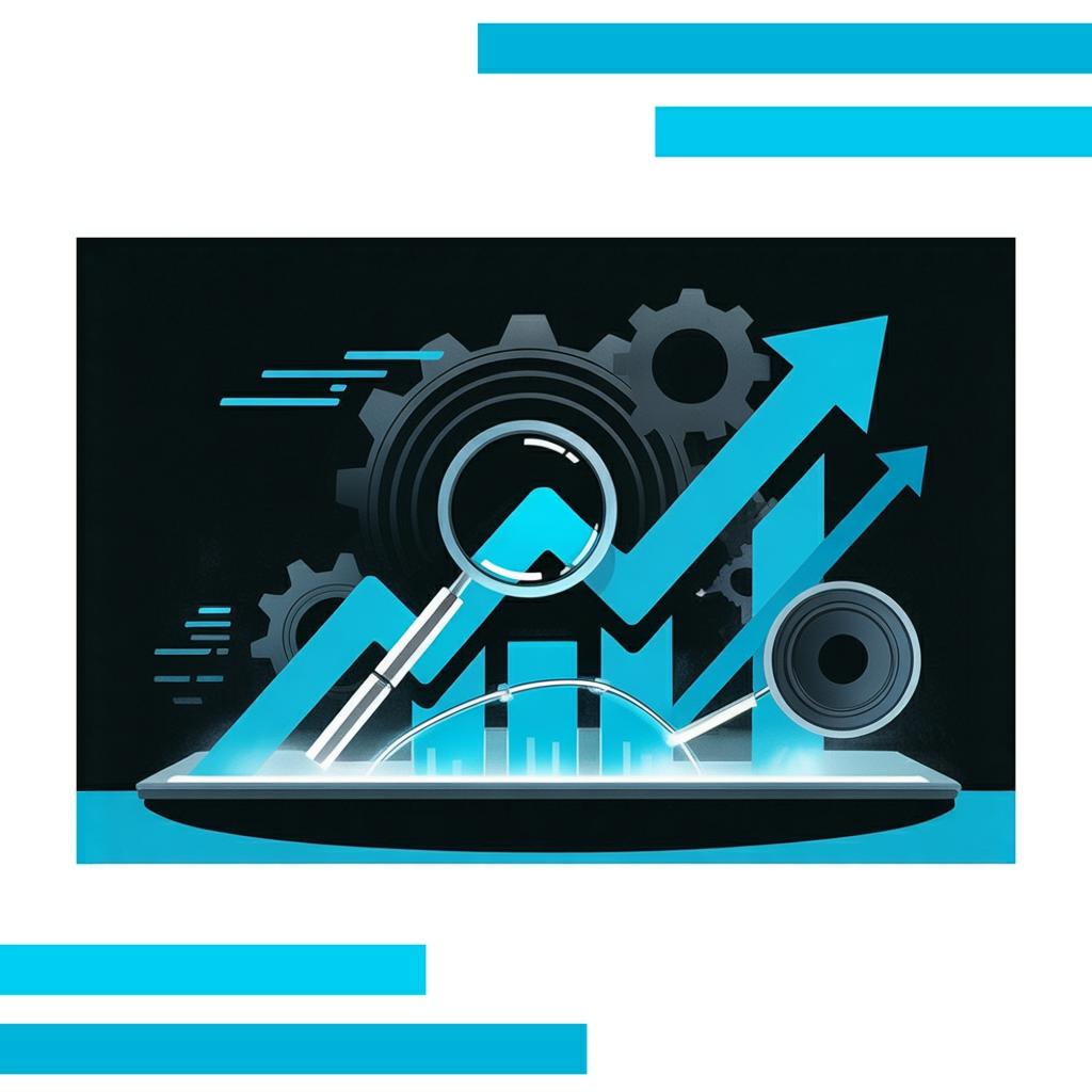 Vector illustration of an SEO forecast with rising graph lines, arrows, gears, and magnifying glass on a white background.