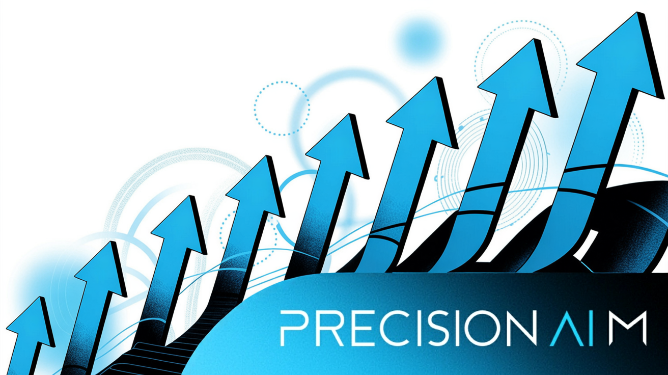 Ten blue arrows pointing upward in a staggered formation, symbolizing growth in SEO leads with digital connectivity elements in the background.