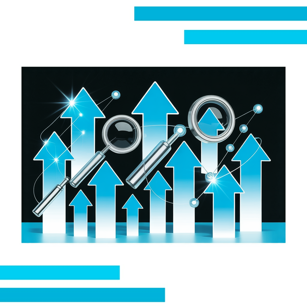 Dynamic blue arrows, magnifying glasses, and network nodes symbolizing growth in SEO leads on a white background.