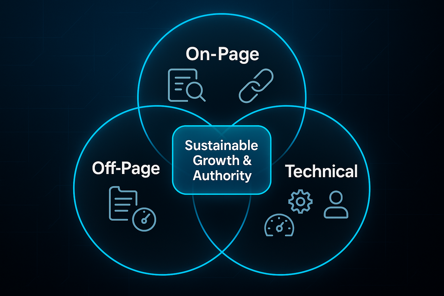 Infographic showing a Venn diagram of On-Page, Off-Page, and Technical blogSEO factors for sustainable growth and authority.