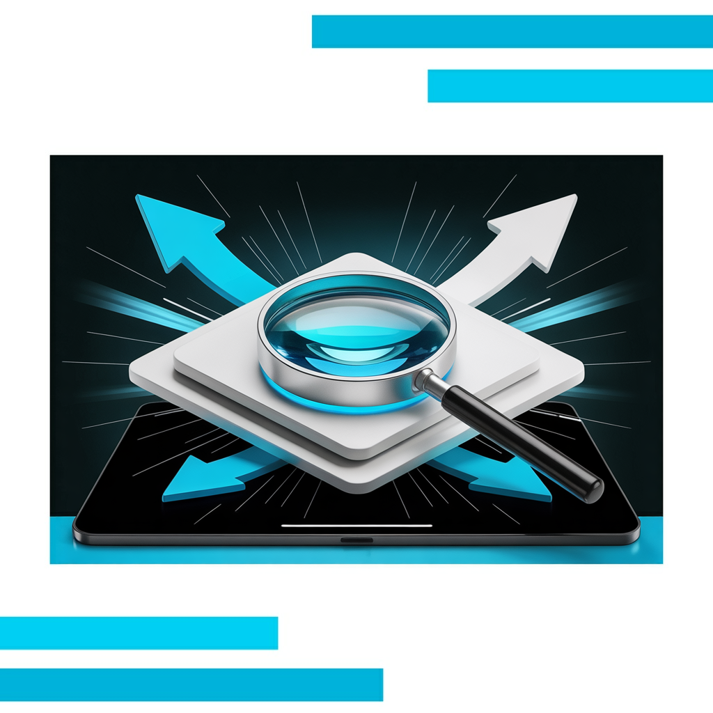 Sleek magnifying glass above a tablet screen with dynamic arrows, symbolizing blogSEO analysis and website optimization.