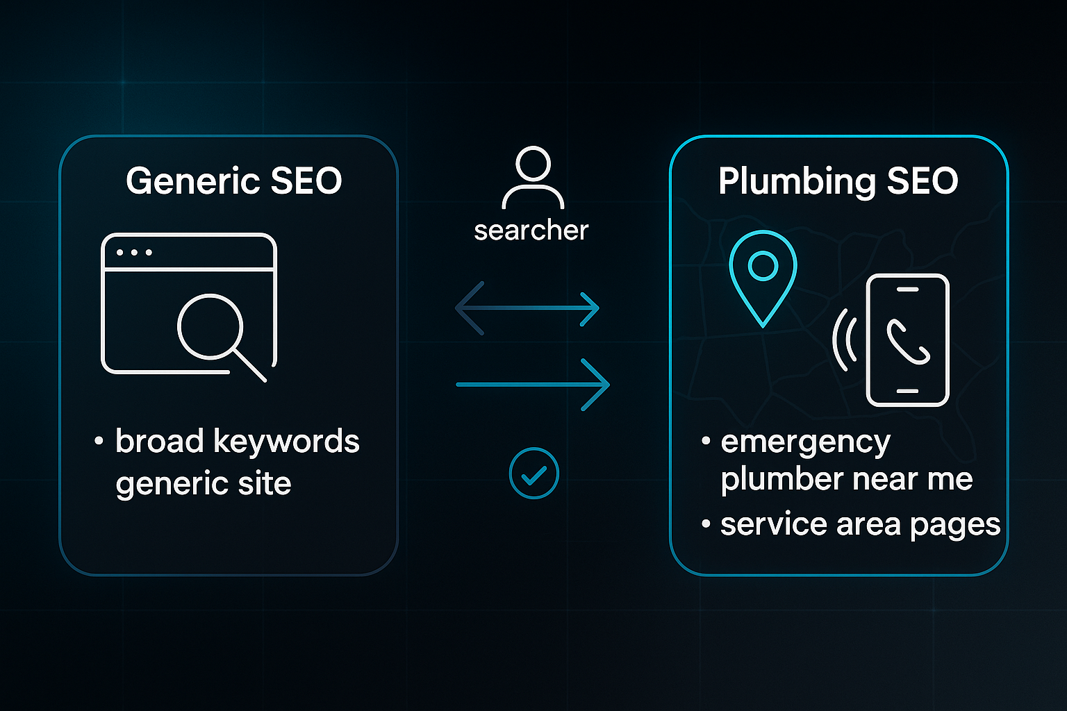 Infographic comparing generic SEO and SEO for plumbers, with icons, keywords, arrows, and a map pin highlighting local plumber search.