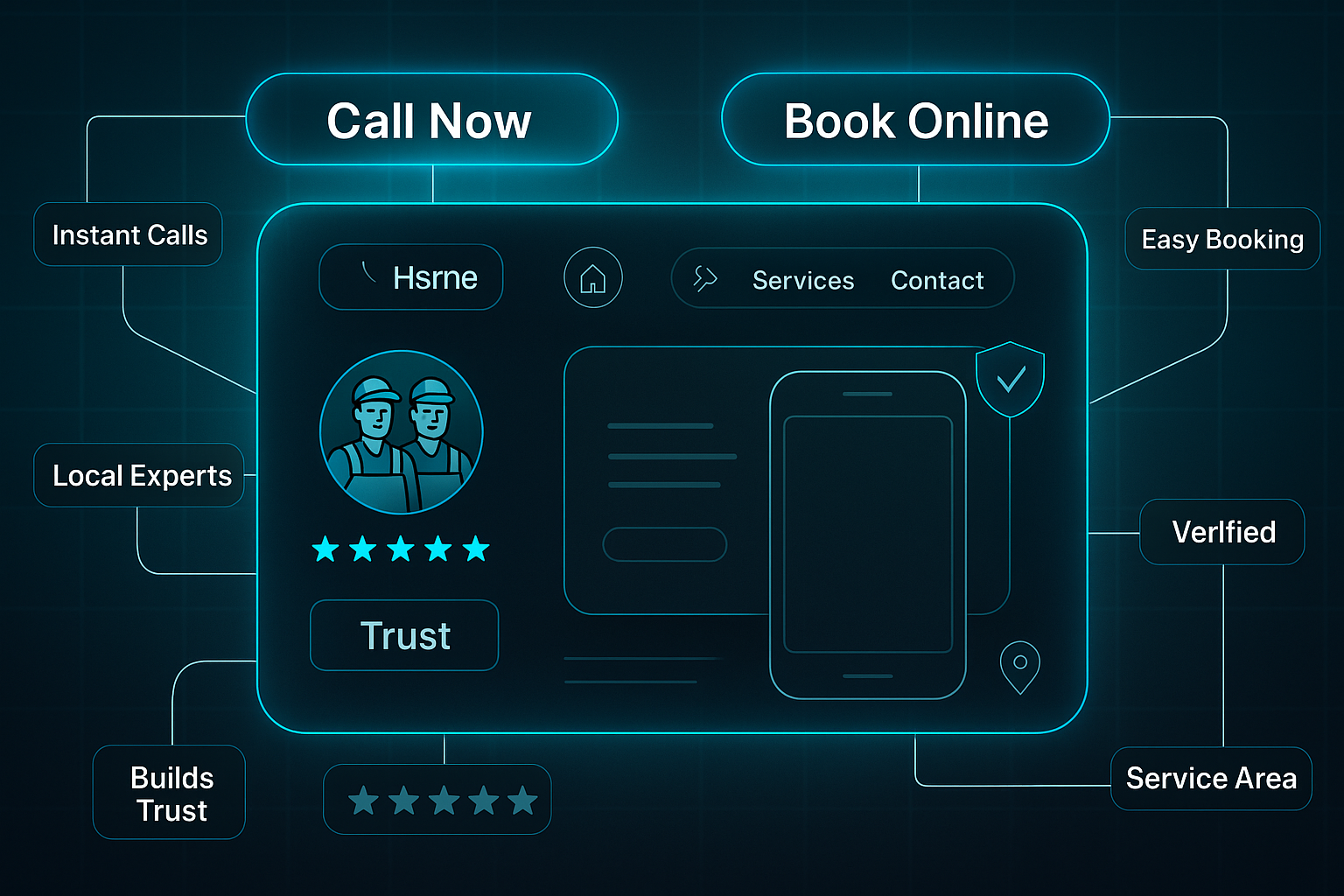 Futuristic infographic wireframe of a plumber's homepage, highlighting SEO for plumbers with labeled benefits and modern UI elements.