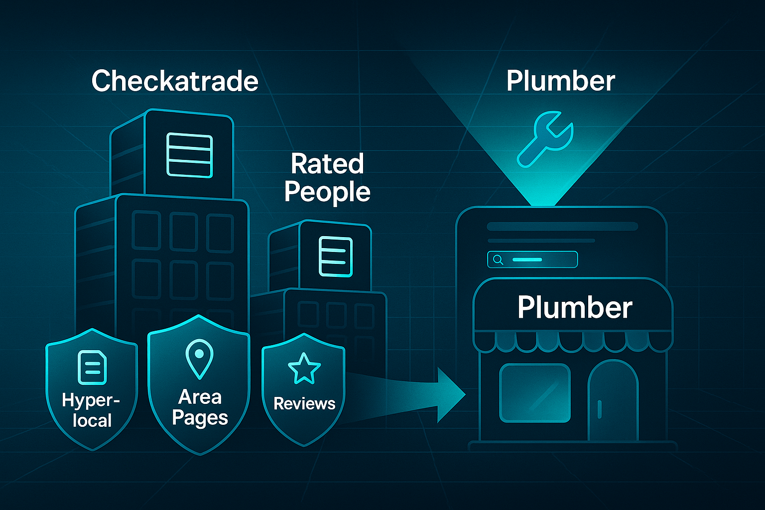 Infographic showing SEO for plumbers: plumber shop protected by shields labeled Hyper-local, Area Pages, Reviews, facing Checkatrade and Rated People skyscrapers.