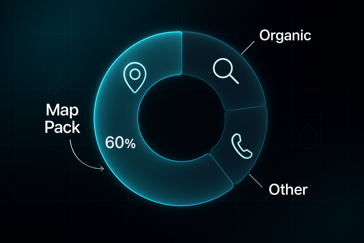 Infographic showing a donut chart for SEO for plumbers with Map Pack, Organic, and Other segments, plumbing icons, and tech grid background.