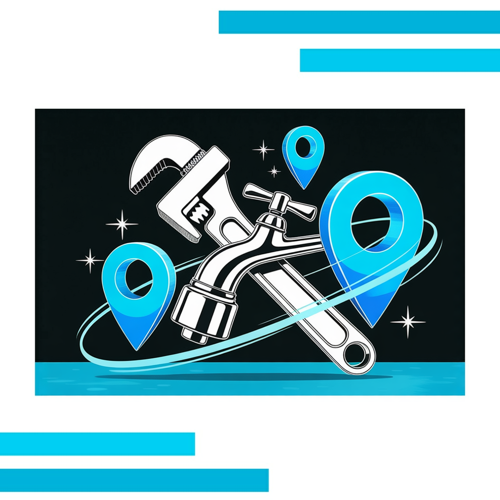 SEO for plumbers concept with metallic pipe wrench, chrome faucet, and blue location pins on white background.