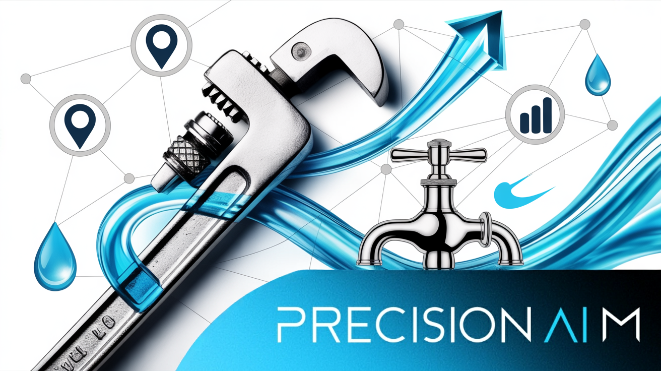 Large pipe wrench and chrome faucet with blue water arrows, network icons, illustrating SEO for plumbers concept.