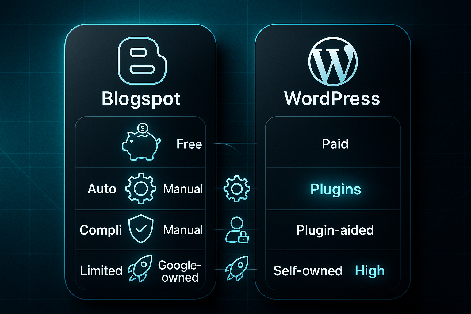Infographic comparing Blogspot affiliate features to WordPress: cost, automation, compliance, control, and scalability options.