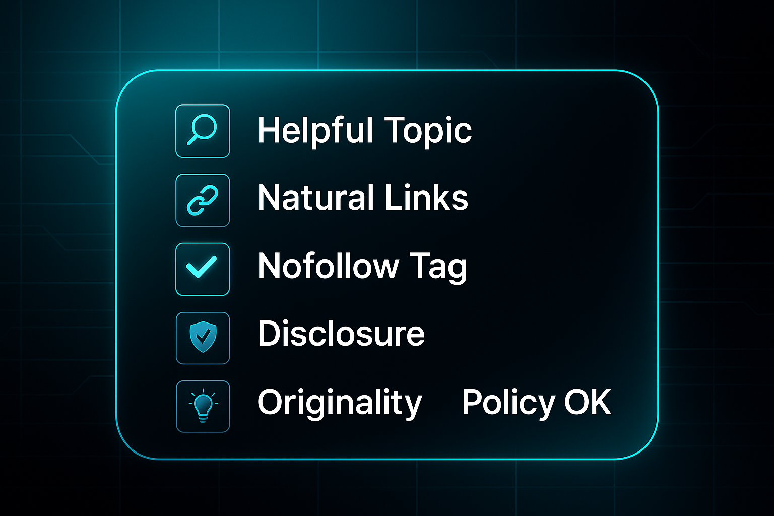 Infographic showing a Blogspot affiliate checklist with six items, highlighting Nofollow Tag and Disclosure for compliance.
