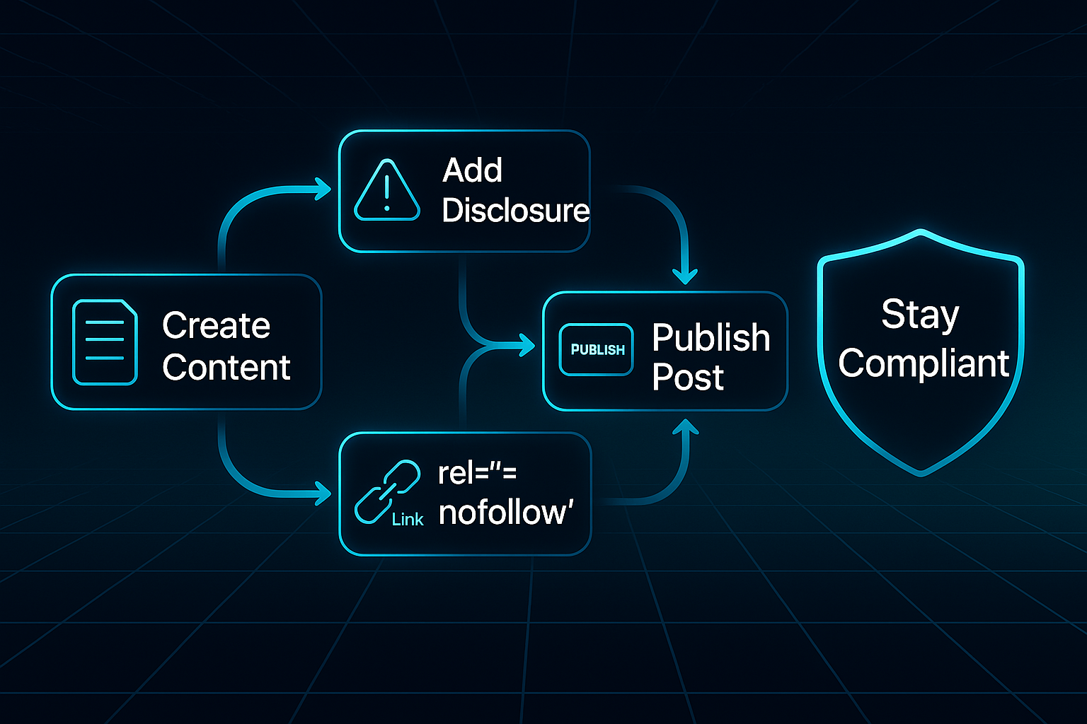 Futuristic infographic showing a Blogspot affiliate compliance flowchart with steps: create content, add disclosure, nofollow link, publish post, stay compliant.
