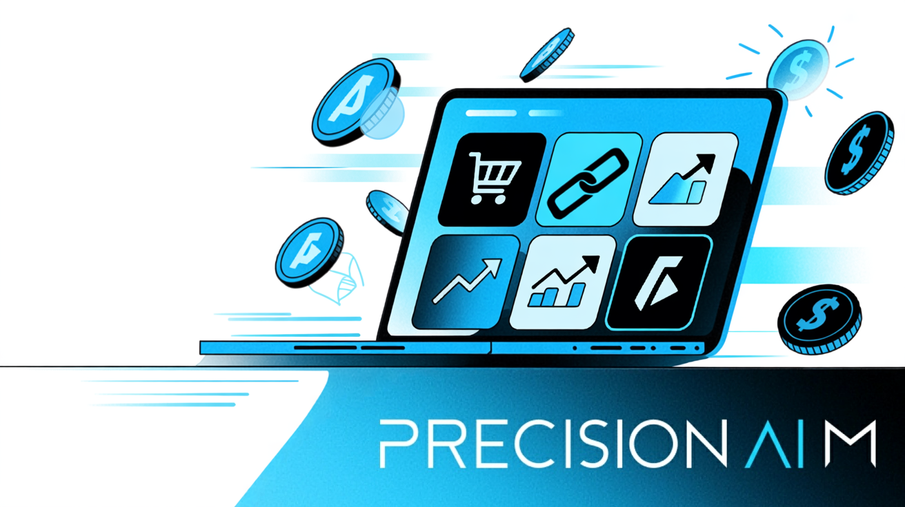 Sleek laptop with blue screen showing affiliate icons, coins, and panels, representing Blogspot affiliate marketing concepts.