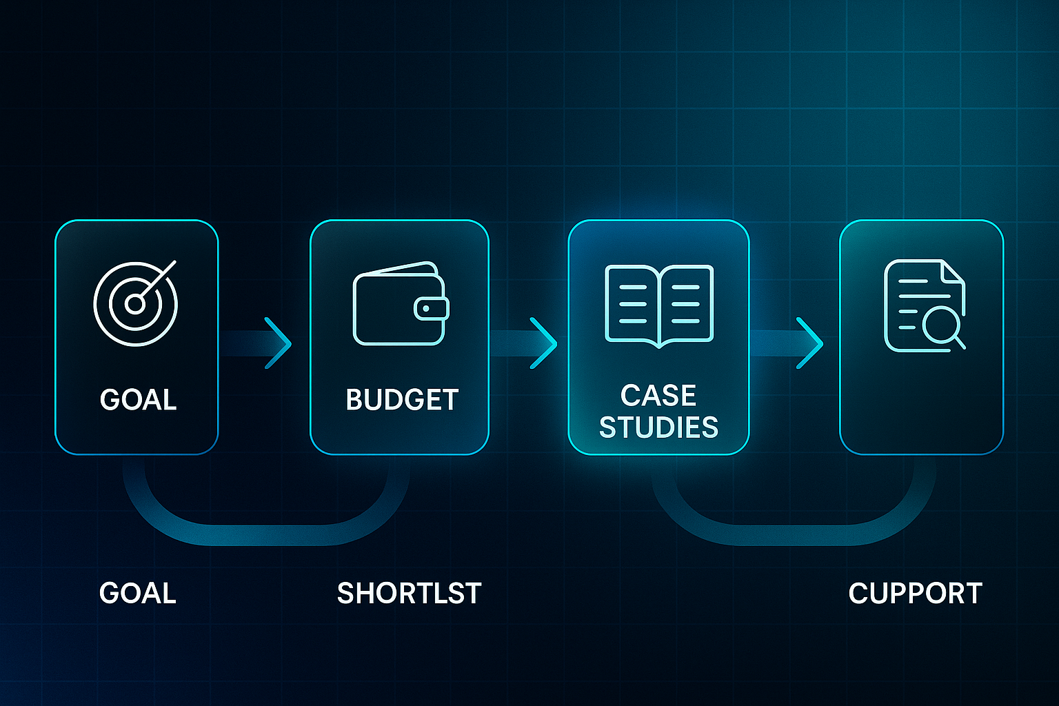 Infographic showing a six-step flowchart for SEO services for small business, with icons for Goal, Budget, Shortlist, Case Studies, Contracts, and Support.