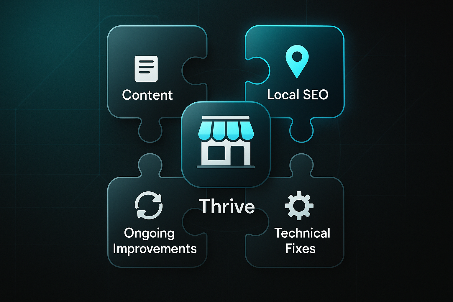 Infographic showing seo services for small business with a storefront icon and four labeled puzzle pieces: Content, Local SEO, Technical Fixes, Ongoing Improvements.