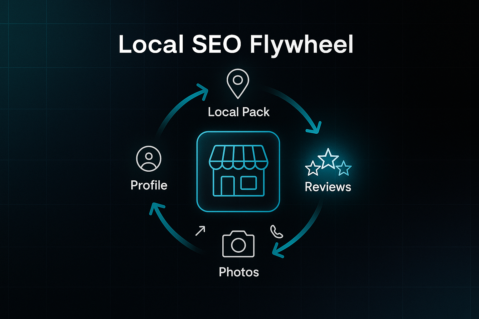 Infographic showing a Local SEO flywheel for small businesses, highlighting SEO services for small business with icons and arrows.