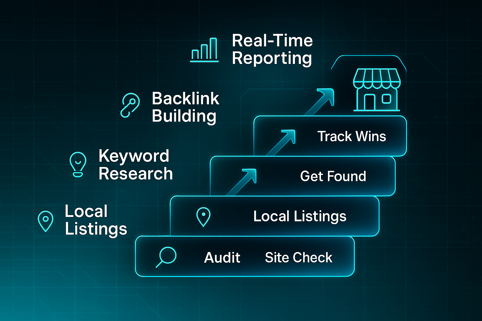 Futuristic infographic showing five-step ladder for SEO services for small business, with icons and a storefront climbing upward.