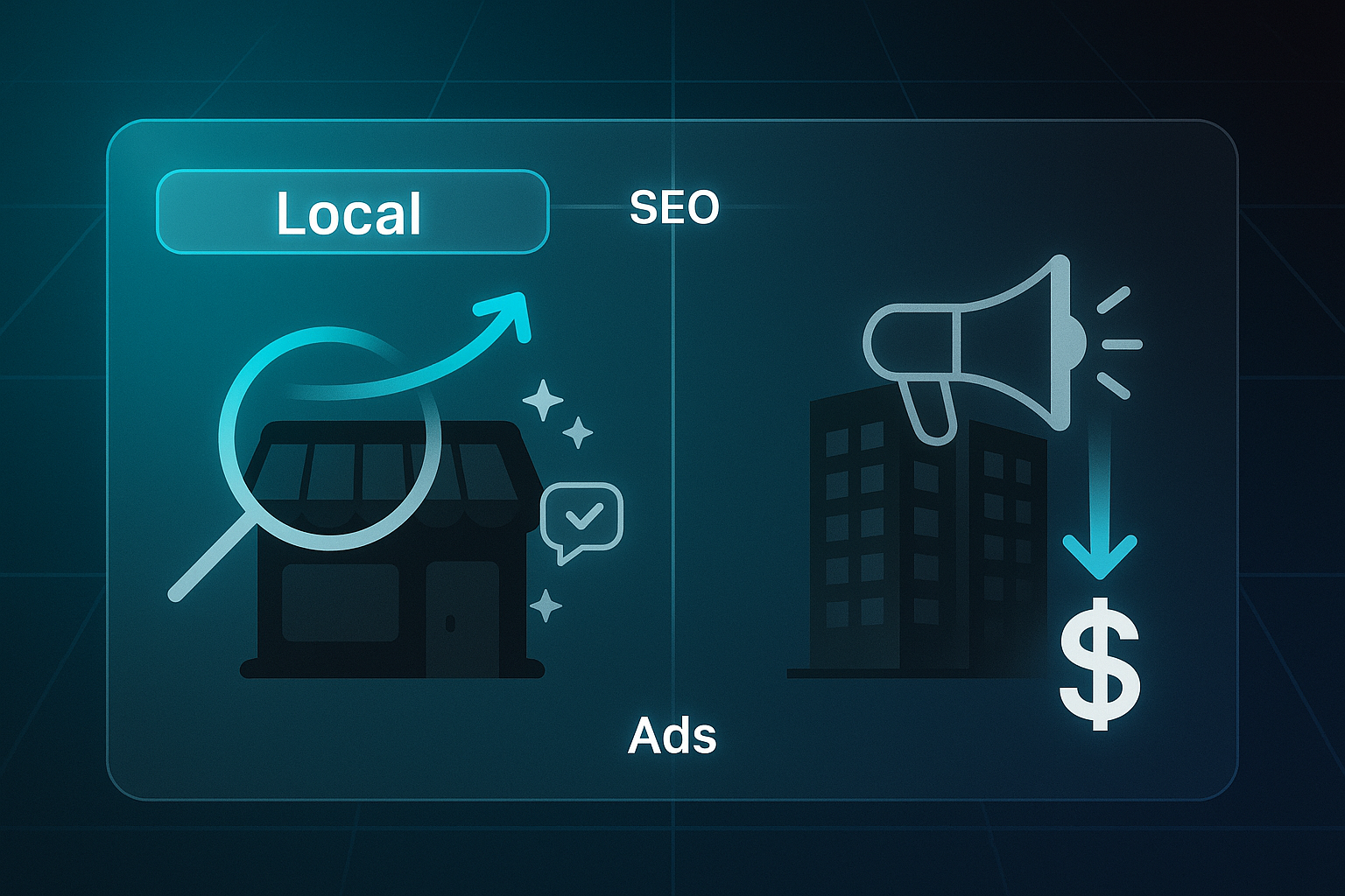 Infographic showing SEO services for small business with a storefront, local search, reputation icons, and office building with ads.