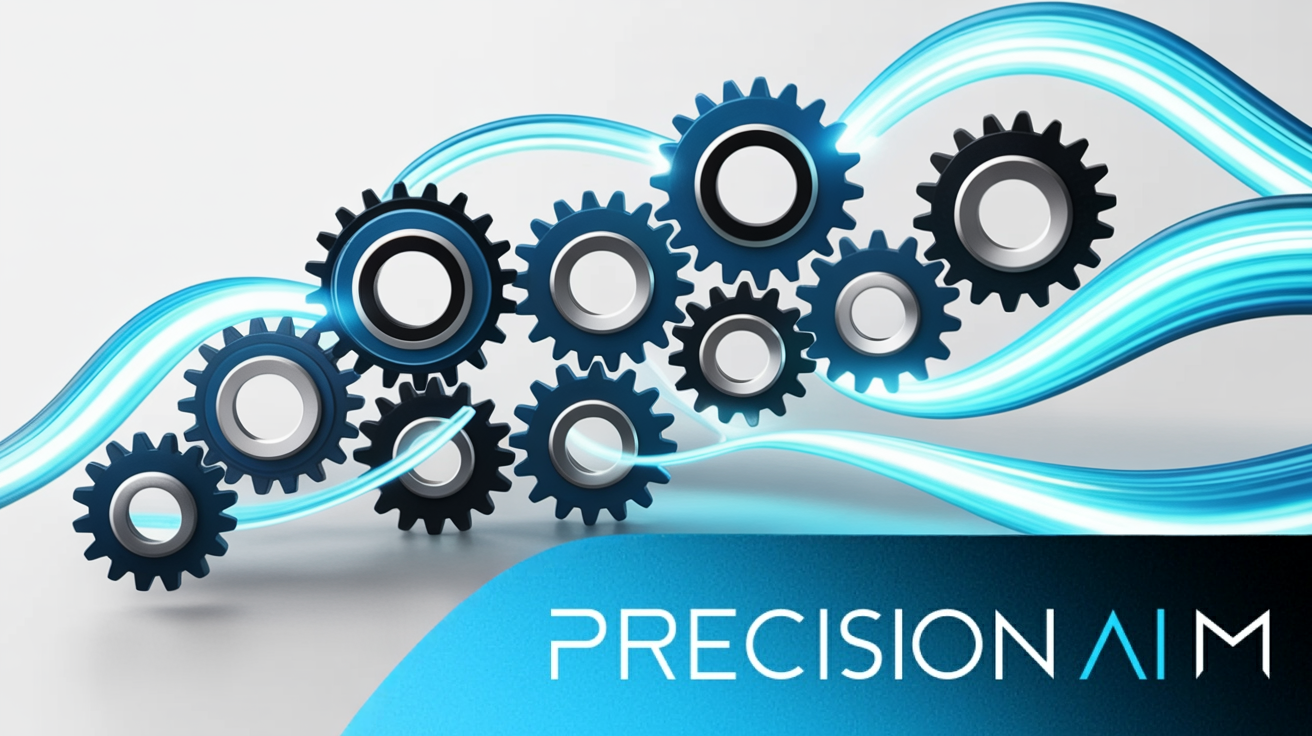 Sleek metallic gears connected by blue and white energy lines, symbolizing SEO services for small business growth and efficiency.