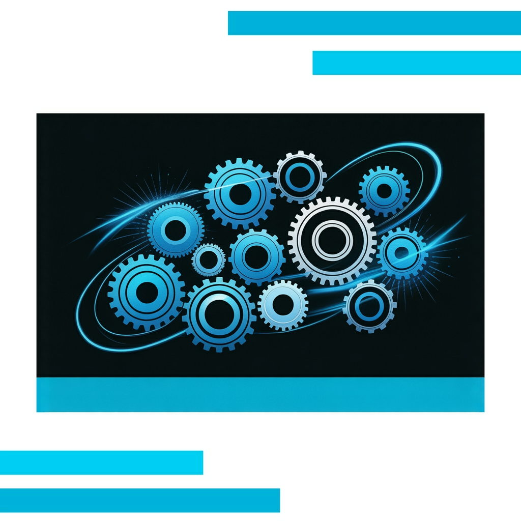 Overlapping blue and black gears connected by glowing lines, symbolizing SEO services for small business on a white background.