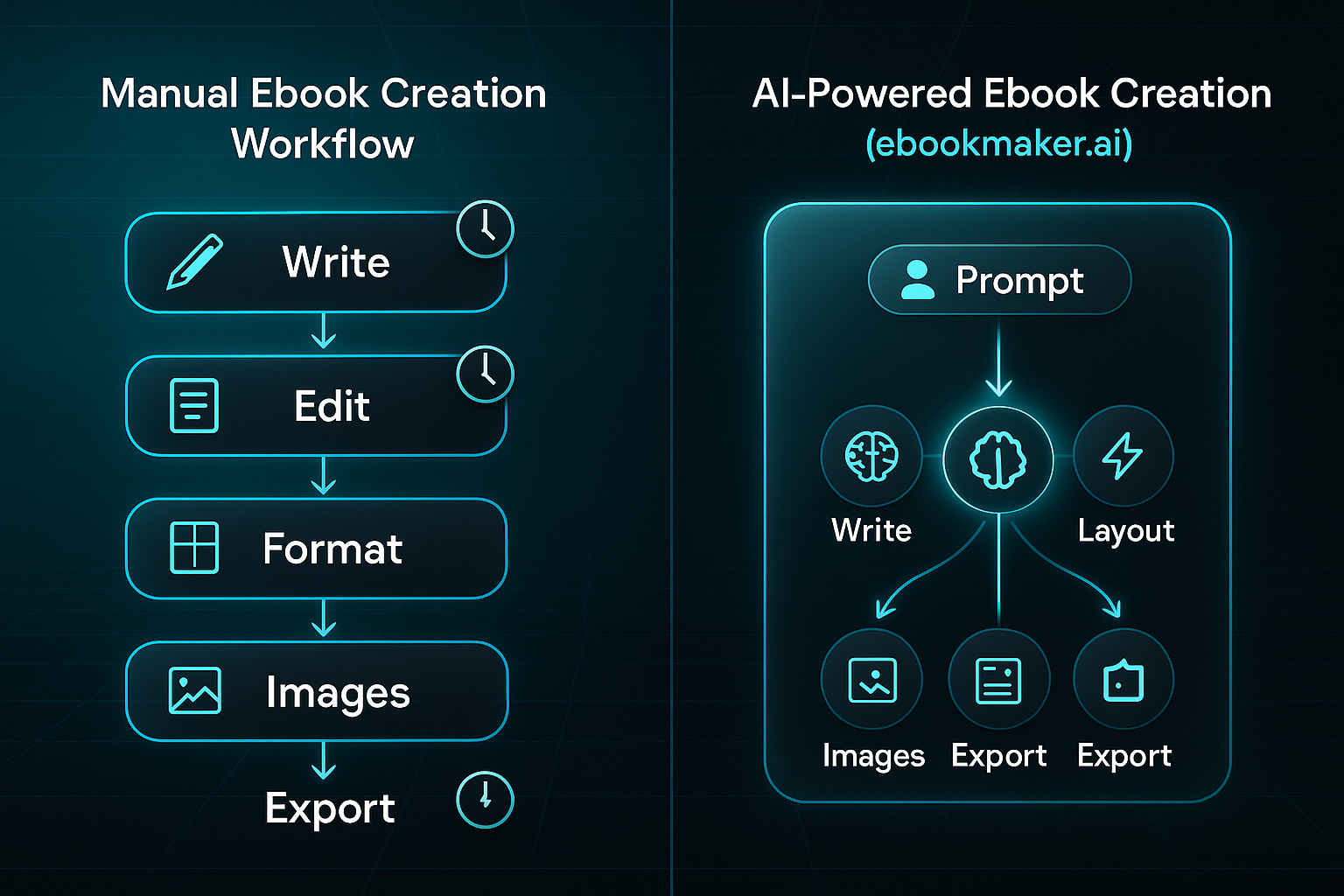 Infographic comparing manual ebook creation steps with icons and arrows to an AI-powered workflow using futuristic design elements.
