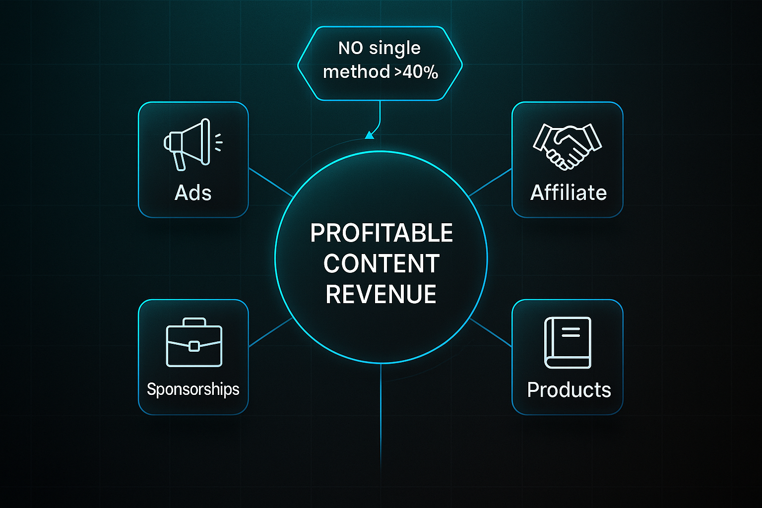 Infographic showing a central glass-effect circle labeled "Profitable Content Revenue" with four spokes to icons for Ads, Affiliate, Products, and Sponsorships.