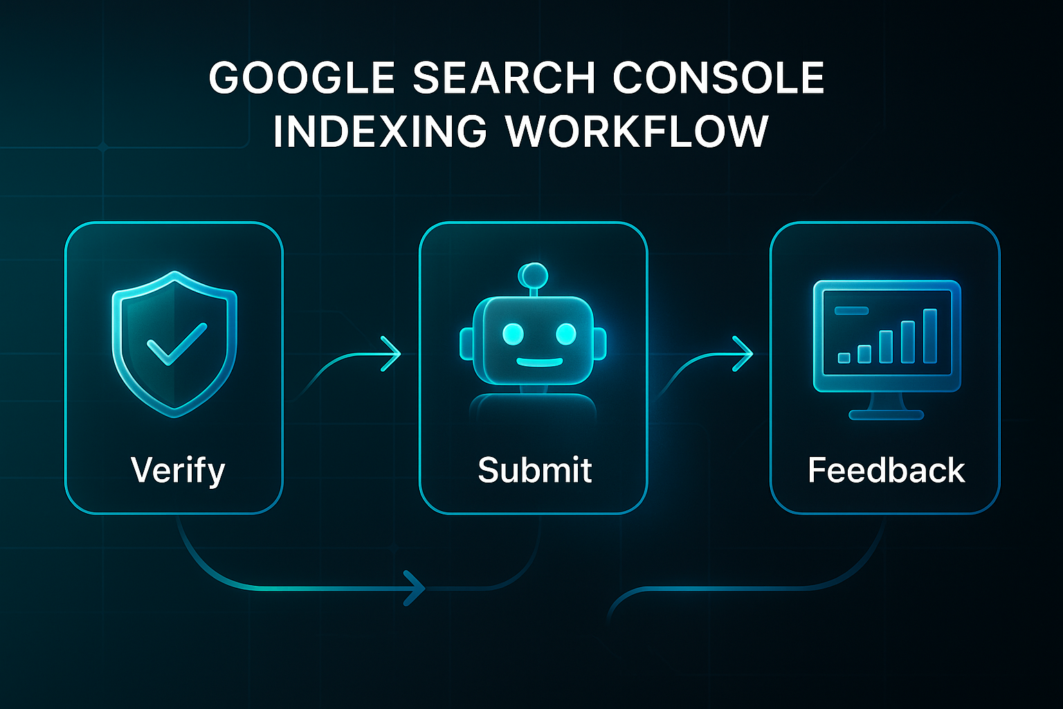 Infographic showing Google Search Console indexing workflow with steps: Verify, Submit, Crawl, and Feedback, highlighted robot icon at Crawl.