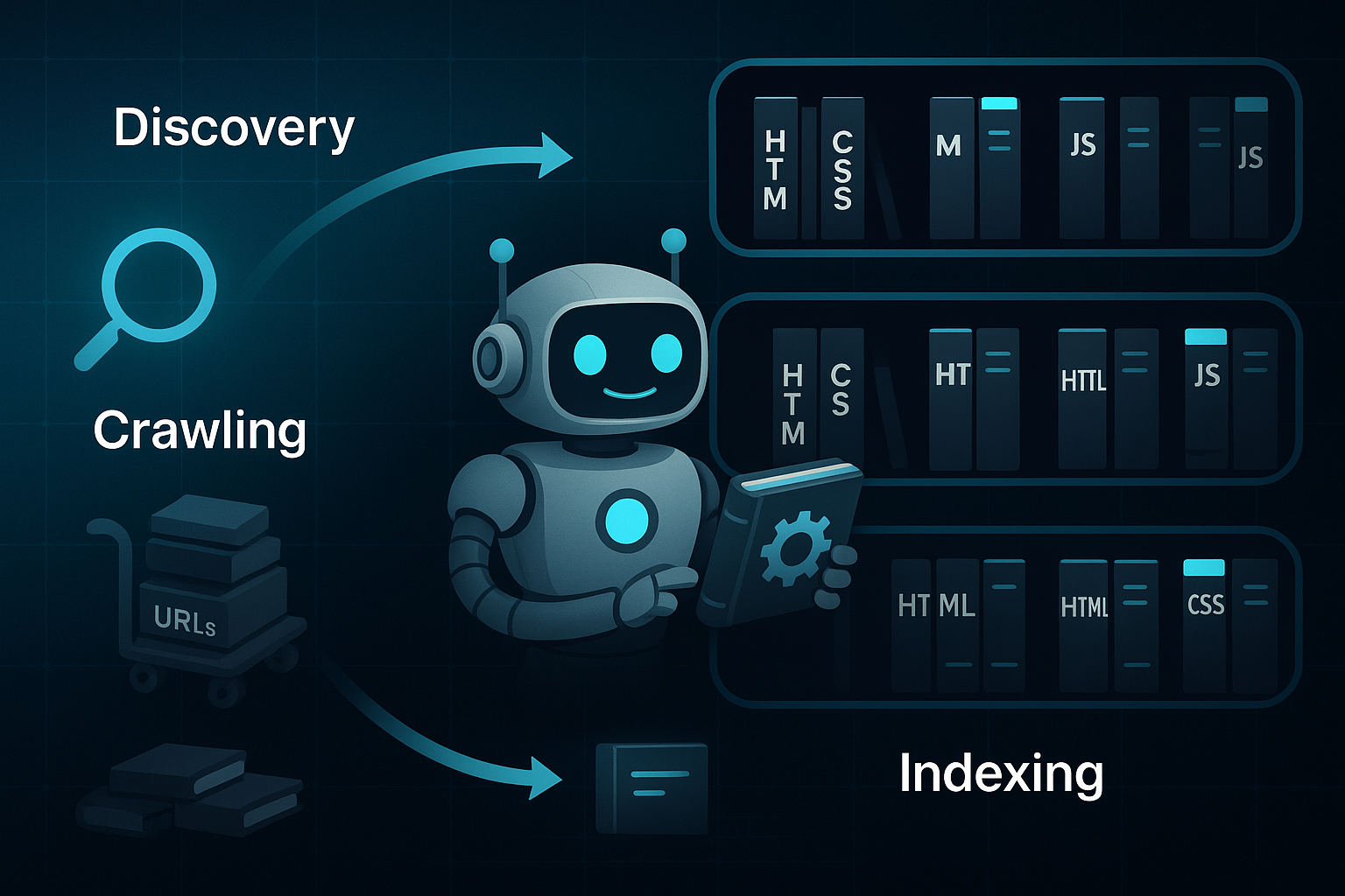 Infographic showing a friendly robot librarian sorting labeled books in a digital library, illustrating discovery, crawling, and indexing.